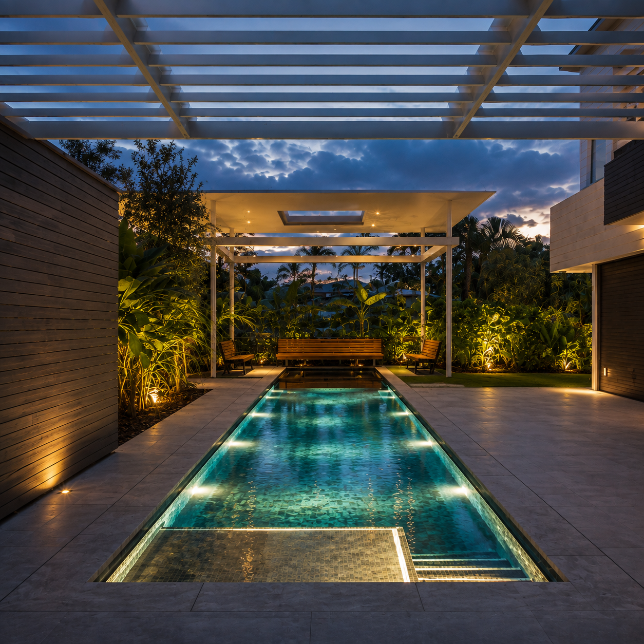 Modern backyard with a narrow illuminated swimming pool, surrounded by lush greenery and outdoor seating, under a partly cloudy evening sky.
