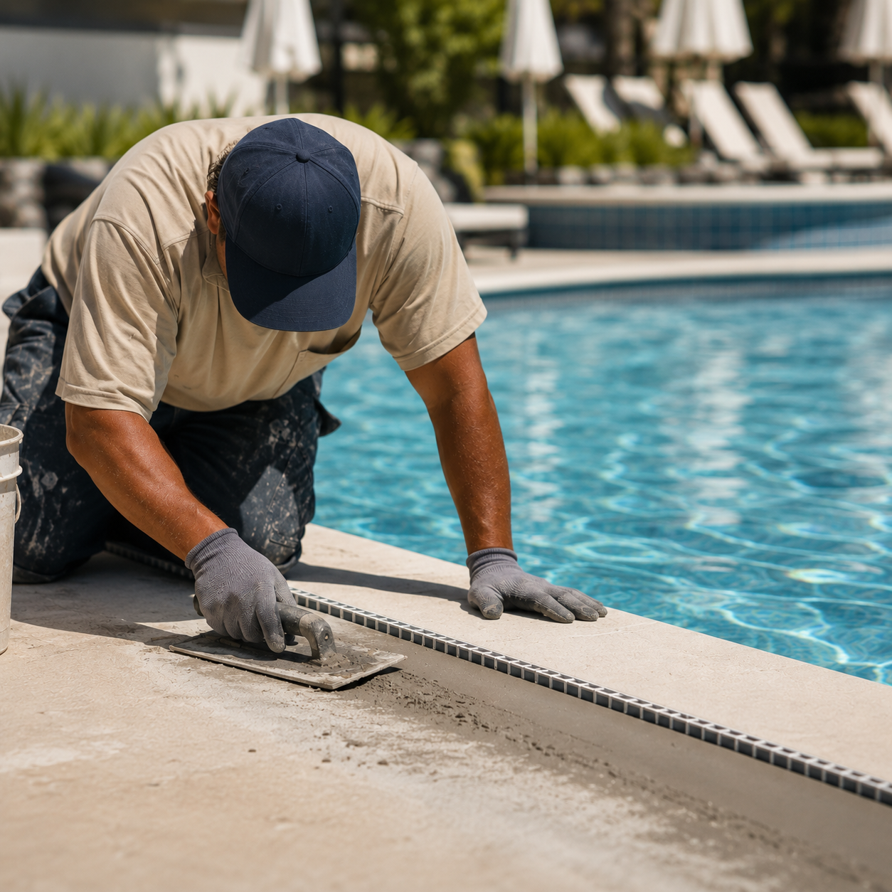A worker laying tile along the edge of a swimming pool, wearing a blue cap, beige shirt, and gray gloves under a sunny sky.