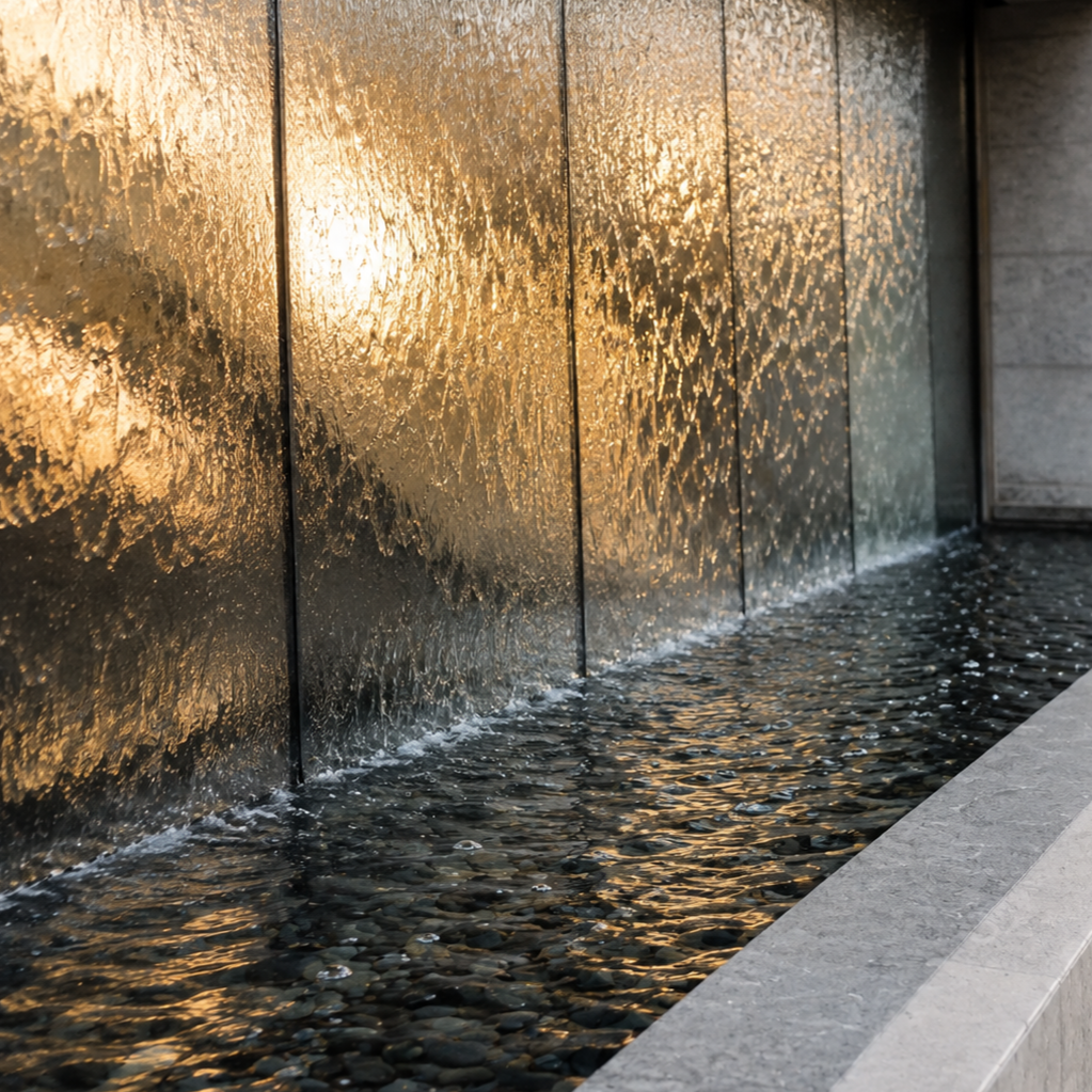 A water feature with flowing water over textured panels, illuminated by warm sunlight, with pebbles at the base and a stone edge.