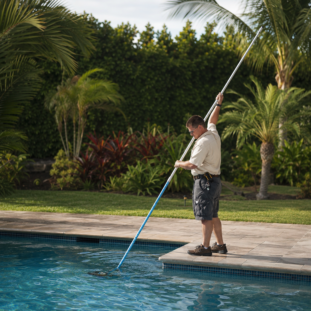 A man using a pool skimmer to clean a backyard swimming pool surrounded by tropical plants and palm trees.