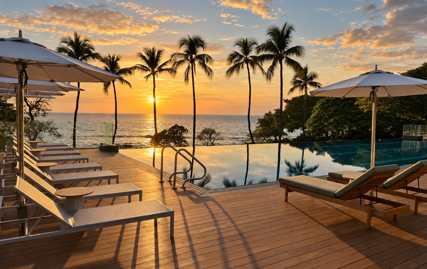Sunset view from a poolside deck with lounge chairs and umbrellas overlooking the ocean with palm trees