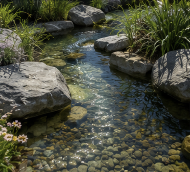 A small, clear stream with rocks and pebbles, surrounded by green plants and large stones.
