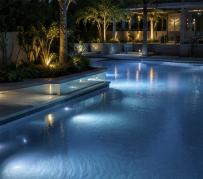 Night view of a lit swimming pool with underwater lights, surrounded by tropical plants and outdoor seating area.