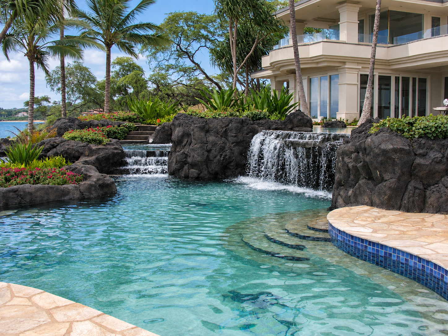 Luxury backyard with a pool, waterfall, tropical plants, palm trees, and a large modern house.