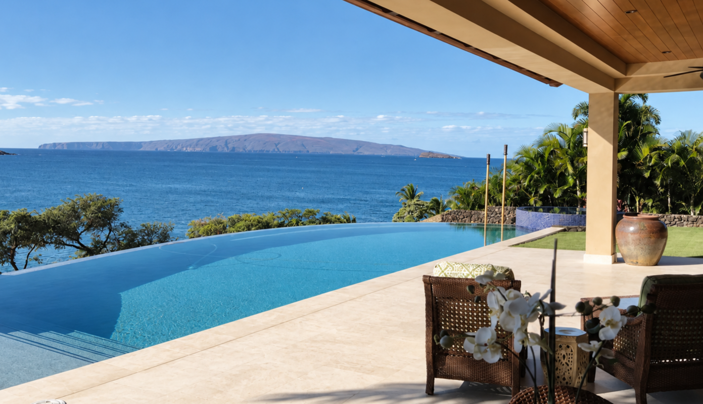 View of an infinity pool overlooking the ocean with a distant island in the background. A patio with chairs and a table with white flowers in the foreground.