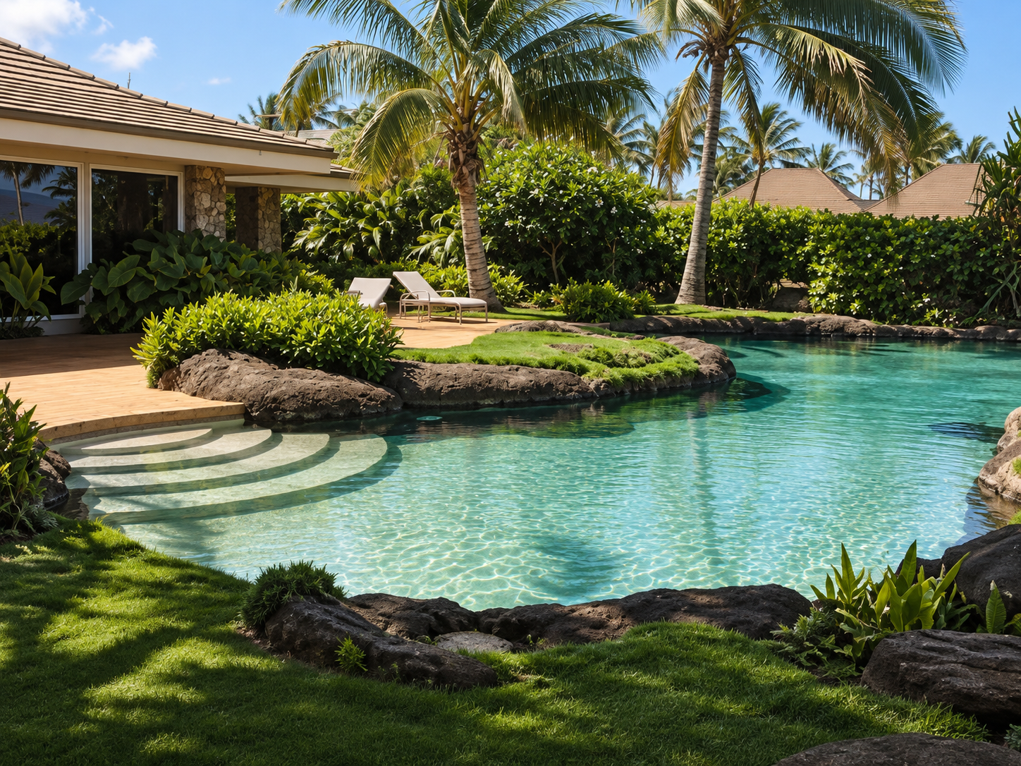 A luxurious backyard with a swimming pool surrounded by lush green plants, palm trees, and a wooden deck with lounge chairs.