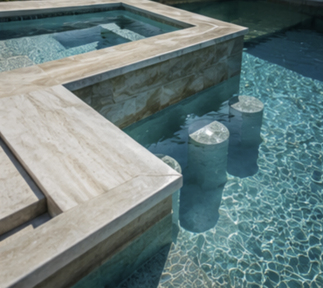 Close-up of a modern swimming pool with stone steps and built-in seating area.