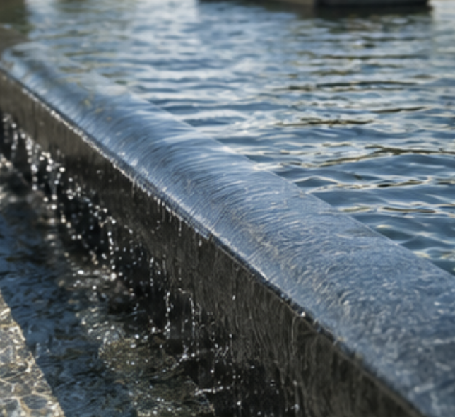 Close-up of a metal water spillway with water flowing over the edge into a body of water below.