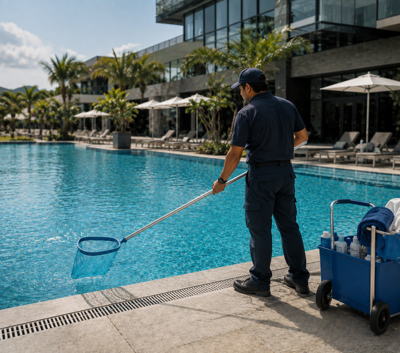 A lifeguard or pool staff member cleaning a swimming pool with a net pole near a hotel or resort.