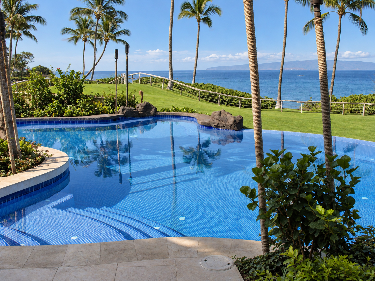 Swimming pool overlooking the ocean, surrounded by palm trees, green grass, and shrubbery, with a scenic view of the ocean and distant land in the background.