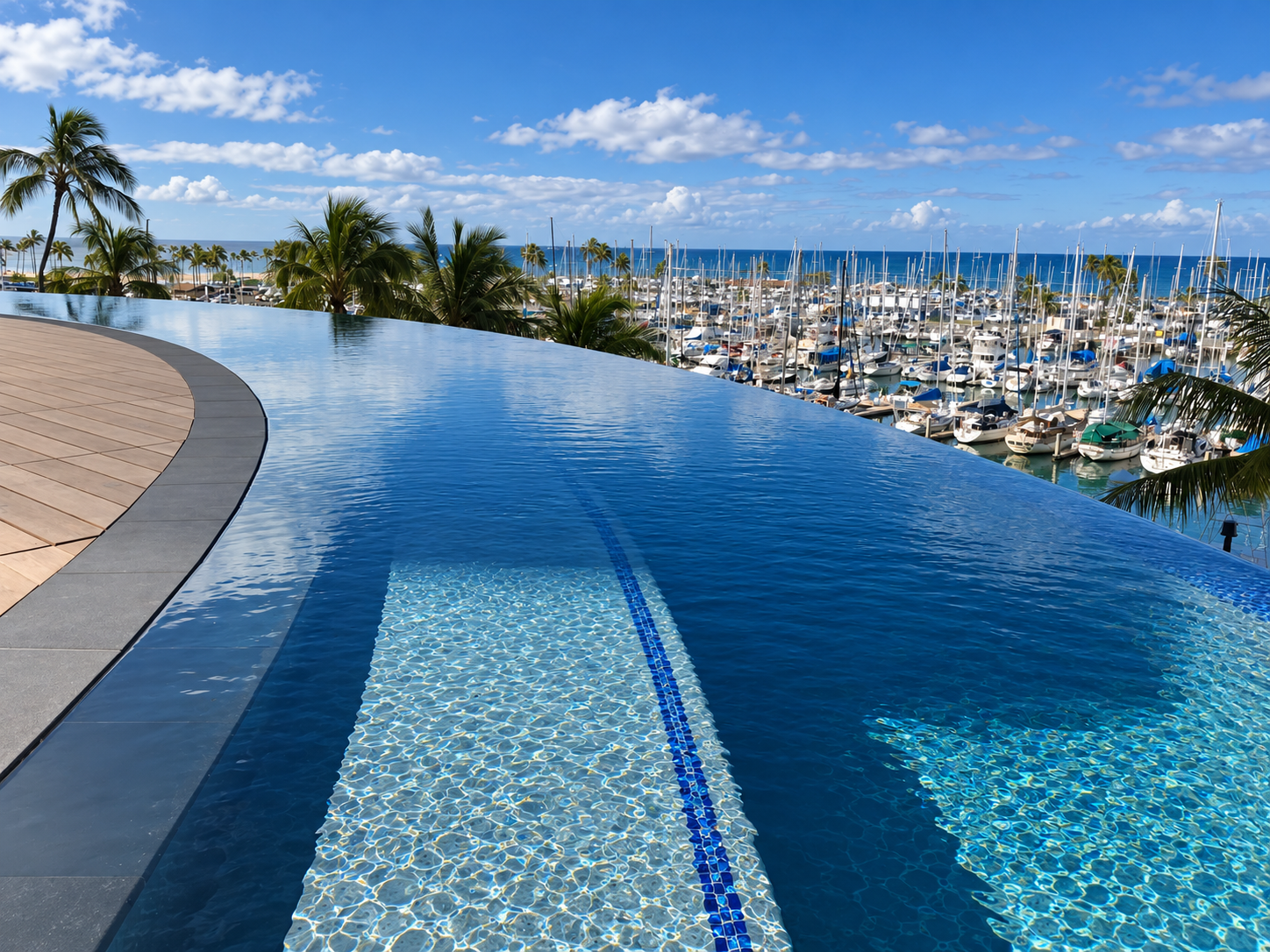 Infinity pool overlooking a marina with numerous boats, palm trees, and the ocean in the background under a blue sky with clouds.