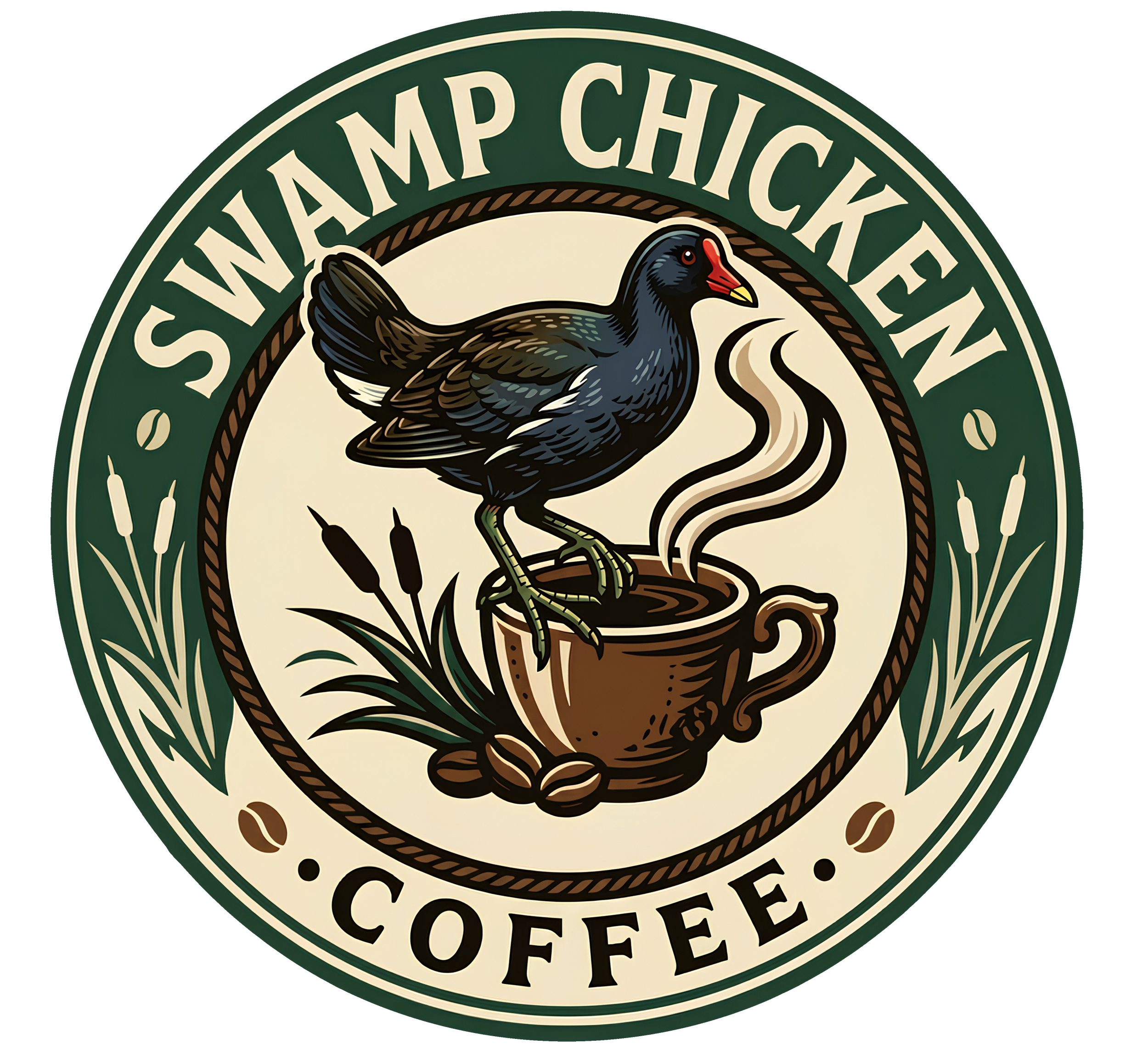 A circular logo featuring a black bird with a red beak standing in water, with the words 'Wamp Chico Coffee' around it on a dark background.