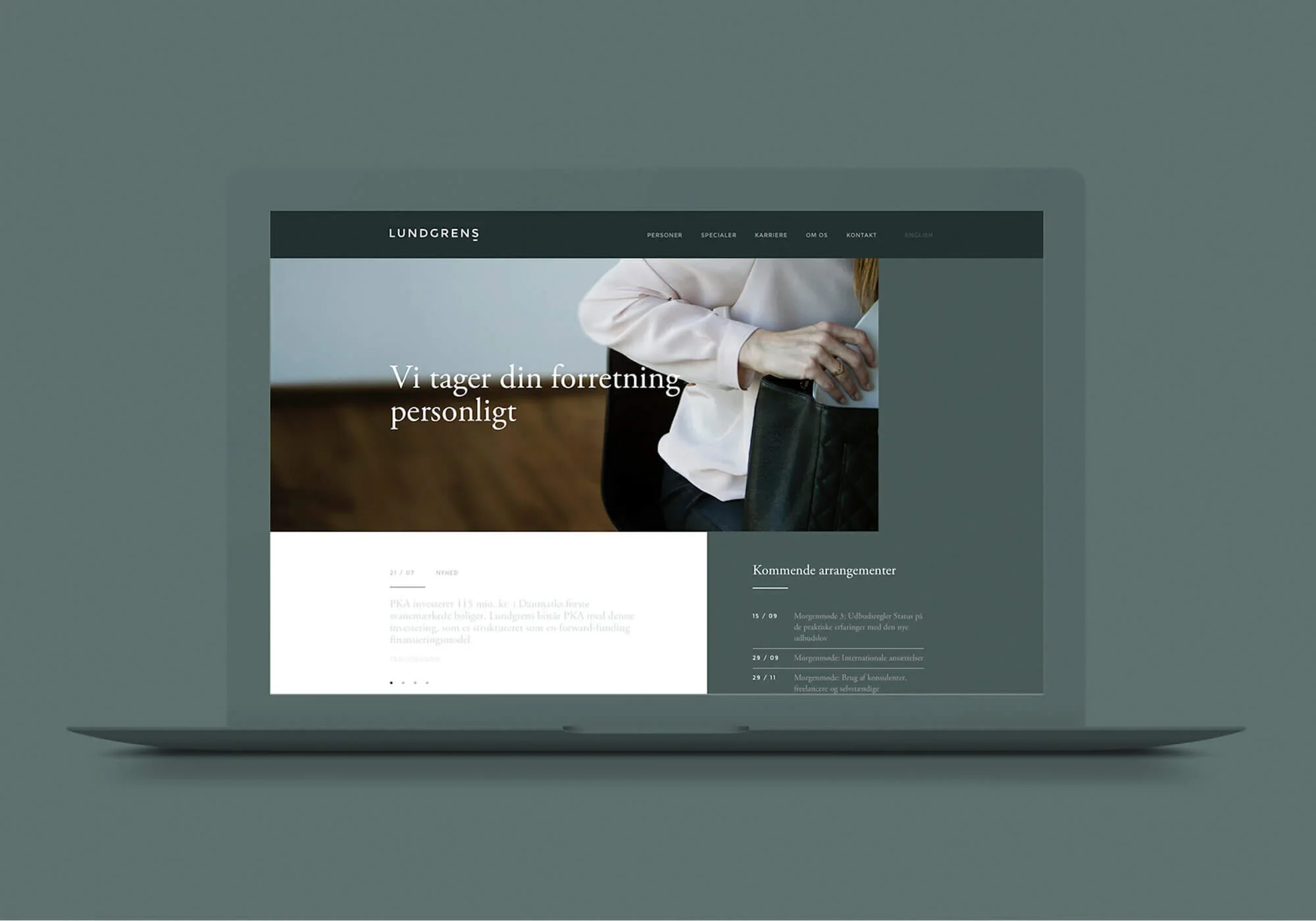 For advokatfirmaet Lundgrens designede jeg en gennemført visuel identitet. Logo og farveunivers til website og et samlet sæt trykte materialer som visitkort, brevpapir, mapper og kuverter. Identiteten er rolig, klassisk og personlig og bygger på Lund