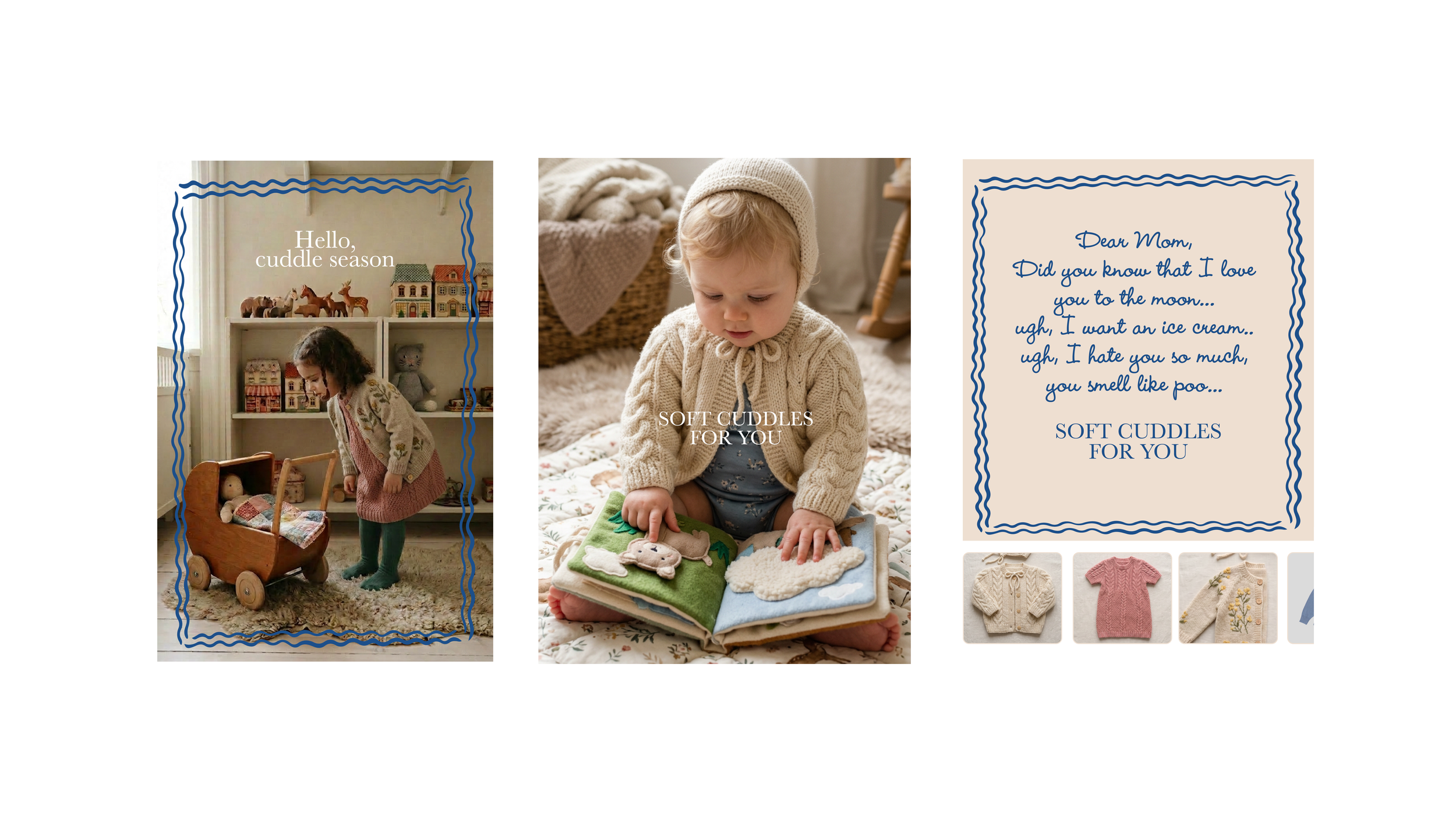 SoMe-design for et stort børnetøjsbrand. Jeg har skabt visuelt indhold til de sociale medier i et varmt, taktilt univers med blød pastelpalette, håndskreven skrift og legende tekster med glimt i øjet.