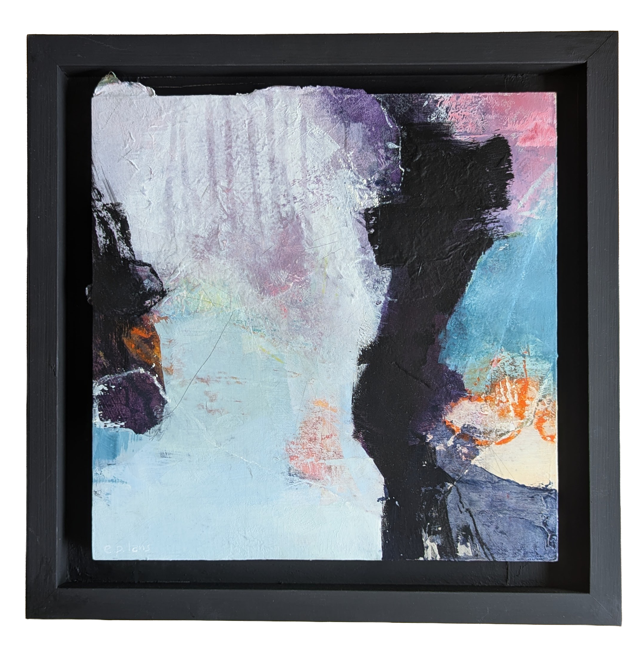 Close-up of an abstract painting with textured white, purple, black, blue, orange, and pink colors framed in black