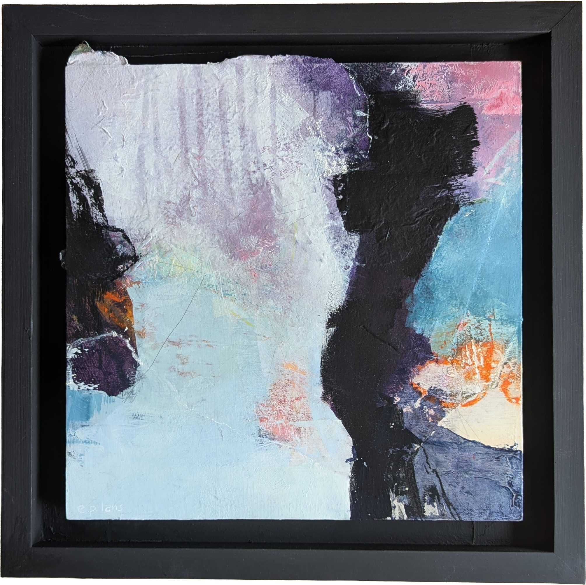 An abstract painting with textured white, purple, black, orange, and blue colors, framed in black with a matted border. The artist's initials 'e.p. lan' are visible in the lower left corner.