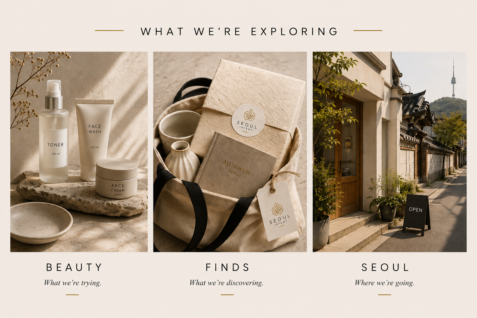 A collage with three sections titled 'What We're Exploring.' The first section shows skincare products including toner, face wash, and face cream. The second section displays a gift box set with the branding Seoul Intent, placed in a bag with small ceramic vases. The third section features an outdoor street scene in Seoul with traditional Korean buildings and a signboard that reads 'Open.' Each section has a caption: 'Beauty,' 'Finds,' and 'Seoul' with descriptions below.