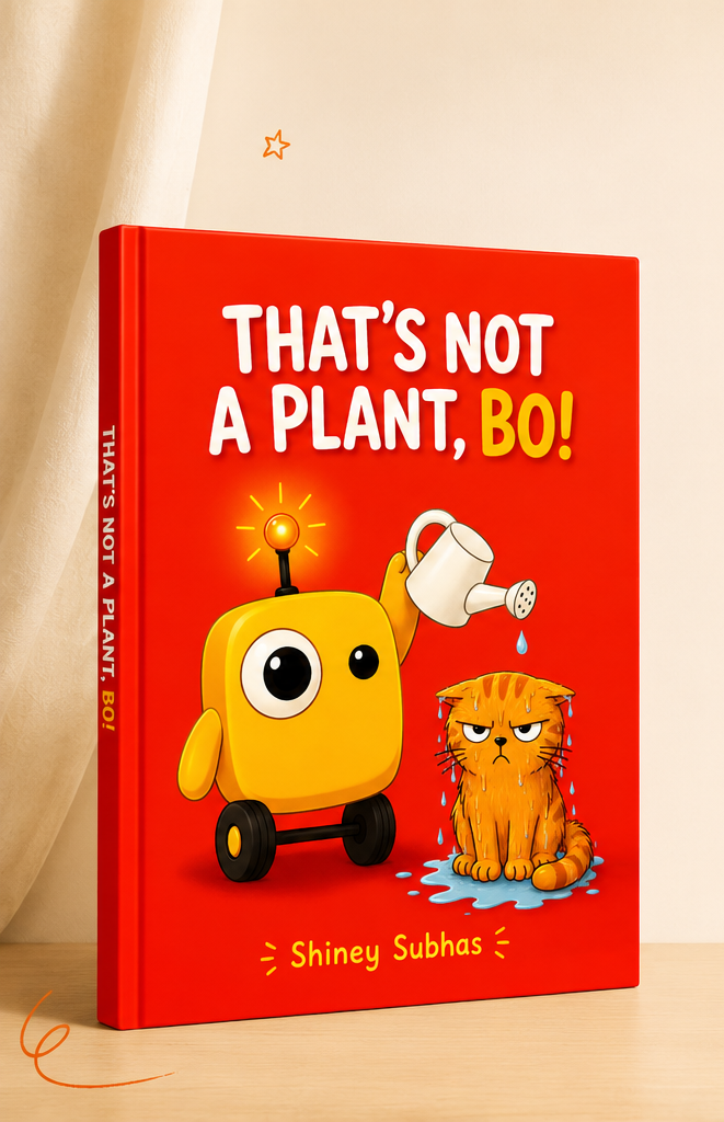 Cover of a children's book titled "That's Not a Plant, BO!" by Shiney Subhas featuring a yellow robot watering a grumpy orange cat.