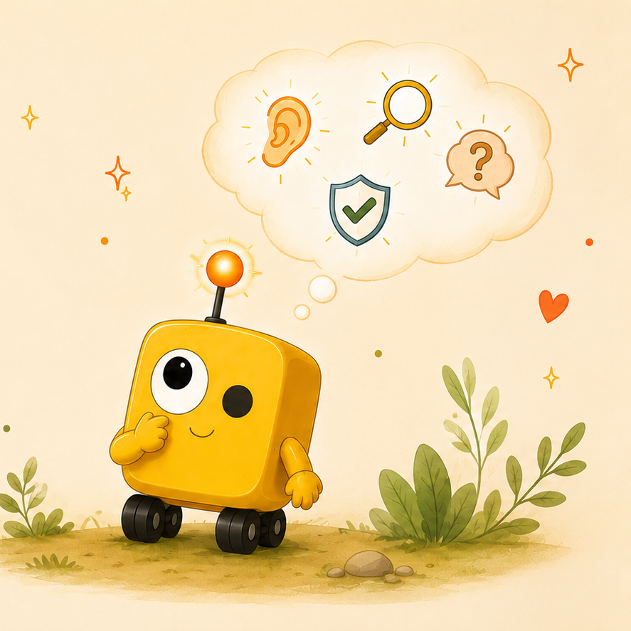 A cheerful yellow cartoon robot with one large eye and a red antenna is standing outdoors among green plants. It has a thought bubble above its head containing icons of an ear, a magnifying glass, a shield with a checkmark, and a question mark, indicating curiosity and exploration.