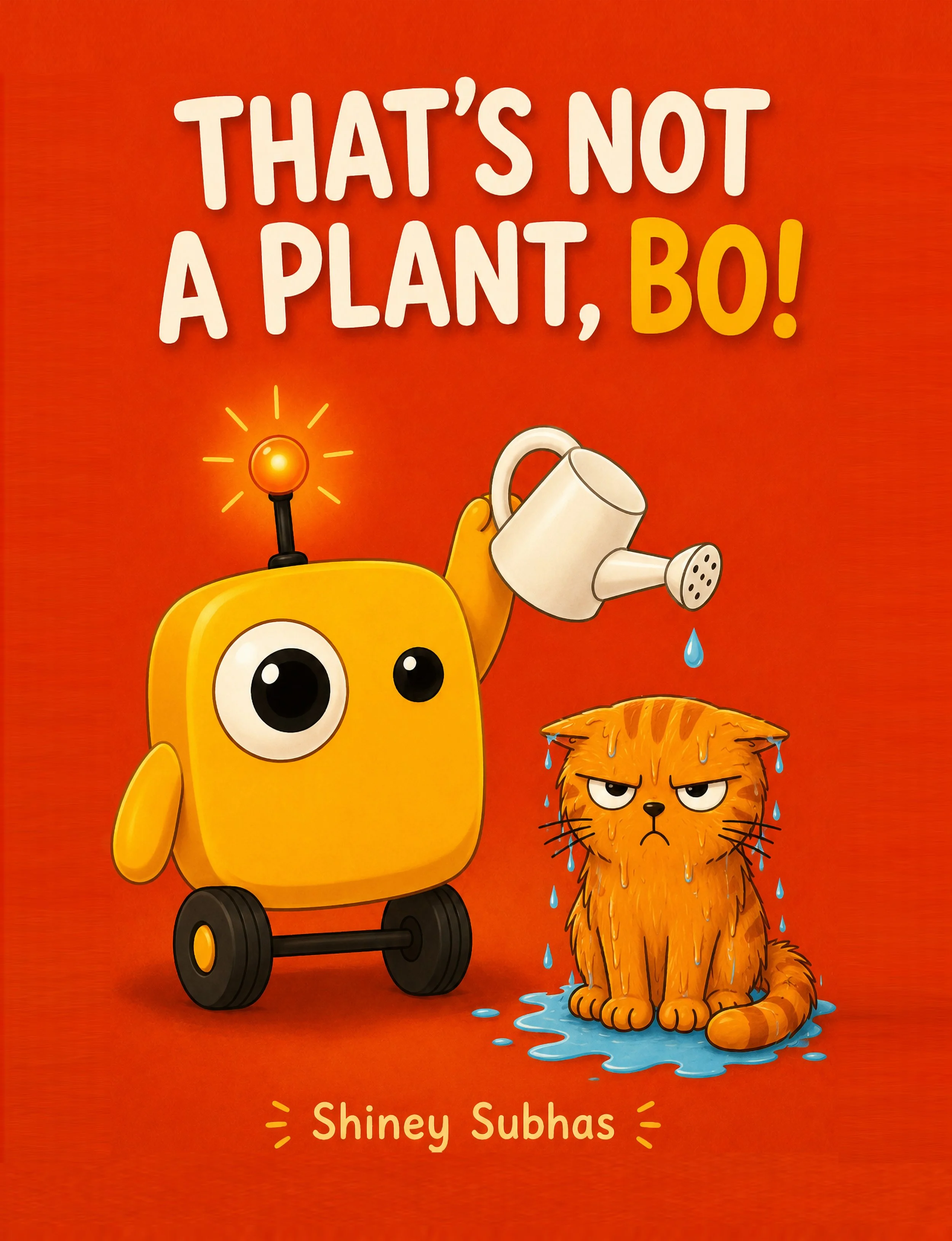 Book cover of “That’s Not a Plant, Bo!” by Shiney Subhas, featuring Bo the yellow robot accidentally watering an unhappy orange cat.