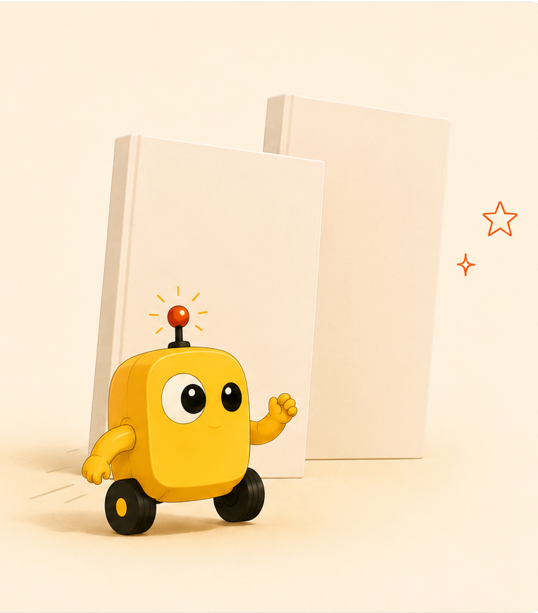 A cute yellow robot with big eyes, wheels, and an antenna with a red light on top, standing in front of two blank white notebooks with cartoon stars around it.