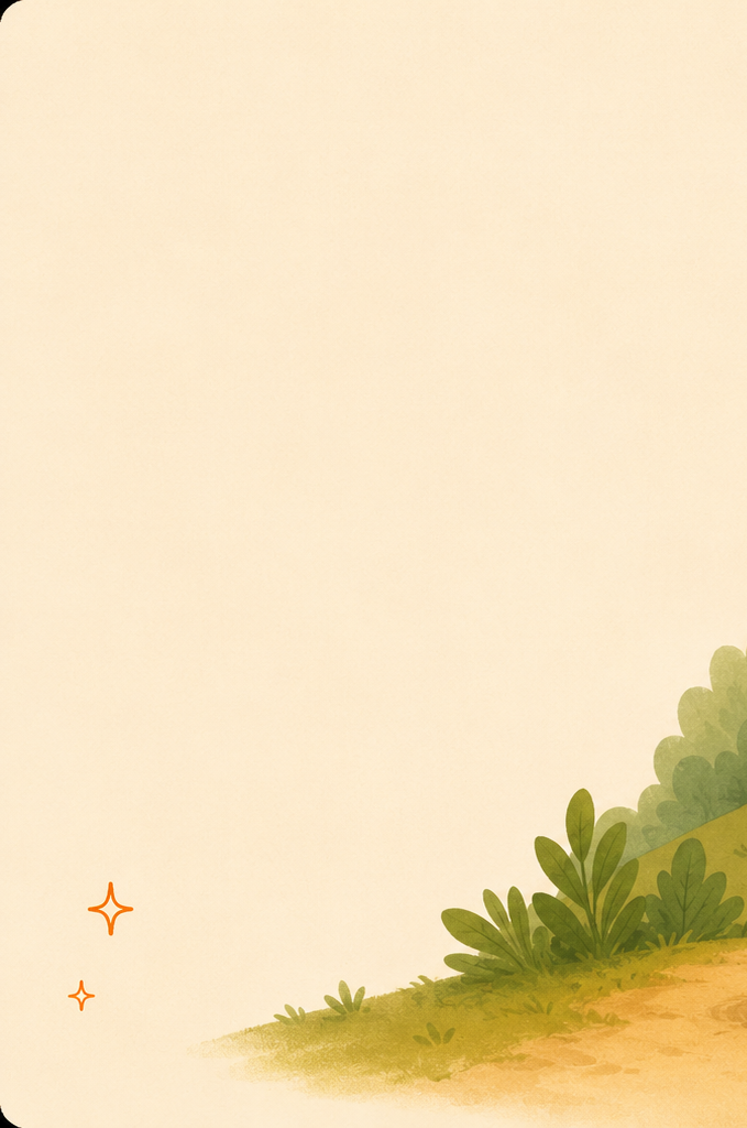 Illustration of green bushes and grass on a hillside in the bottom right corner, with a beige background and two small orange stars in the bottom left corner.