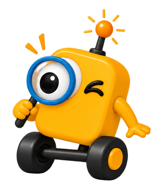 A small, yellow, toy robot with a large eye, holding a magnifying glass, with a black wheel at the bottom and an antenna on its head.