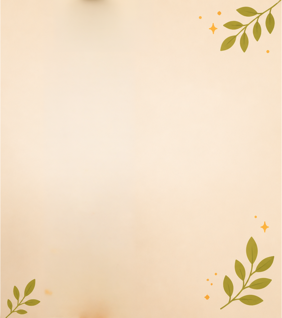 Beige decorative background with green leafy branches in the top right and bottom left corners, small orange and yellow star-like accents scattered around.
