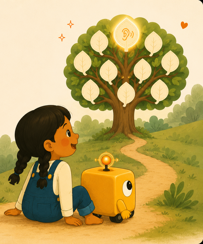A young girl with dark hair in braids sitting on a dirt path, smiling and looking at a large tree with yellow leaves. The tree has a glowing head emoji with sound waves at the top, and there is a small yellow robot with one large eye and a glowing antenna sitting next to her.
