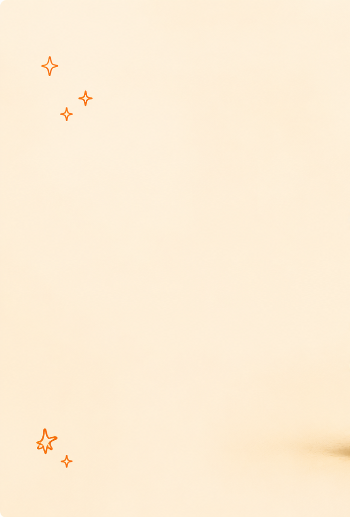 Cream-colored background with orange star illustrations in the top left and bottom left corners.