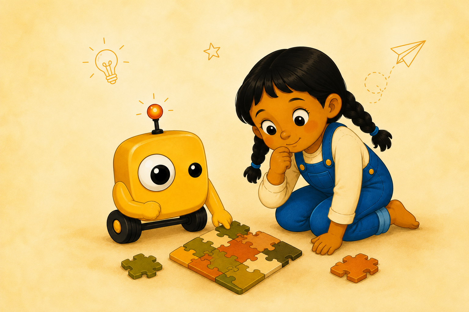 Bo and Ada from the Bo Gets It Wrong children’s book series, exploring ideas and learning about AI together.