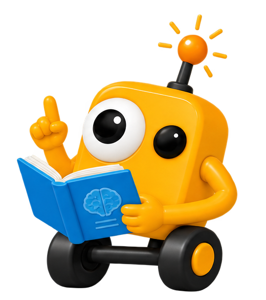 Cartoon robot with large eye, holding a blue book with a brain illustration, sitting on wheels, with an antenna emitting light.
