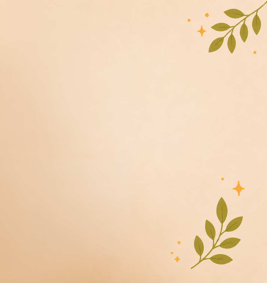 Decorative beige background with green leafy branches and small orange star and dot accents in the top right and bottom left corners.
