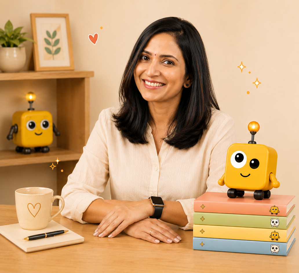 A woman sitting at a desk with a coffee mug, notebooks, and yellow robot toys. She is smiling, with one arm crossed over the other, in a cozy room with a plant and framed art on the wall.