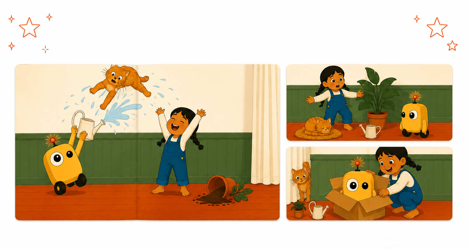 Young girl with black hair in pigtails excitedly watching a robotic toy with big eyes and a red antenna, as a kitten plays with water from a watering can. In the background, the girl is again seen with a kitten, watering the plant, and later unpacking the robot from a box.