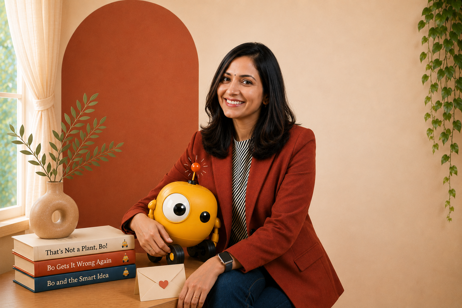 A woman with dark hair smiling while sitting at a desk with a yellow robot toy, a stack of colorful books, a small envelope with a heart, and a beige vase with green foliage in front of a window and colorful background.