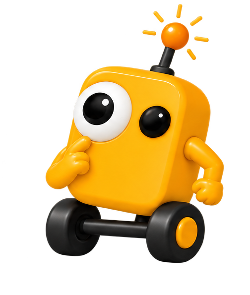 Yellow cartoon robot with one large eye, a small antenna with an orange light on top, yellow arms and black wheels, in a thoughtful pose.