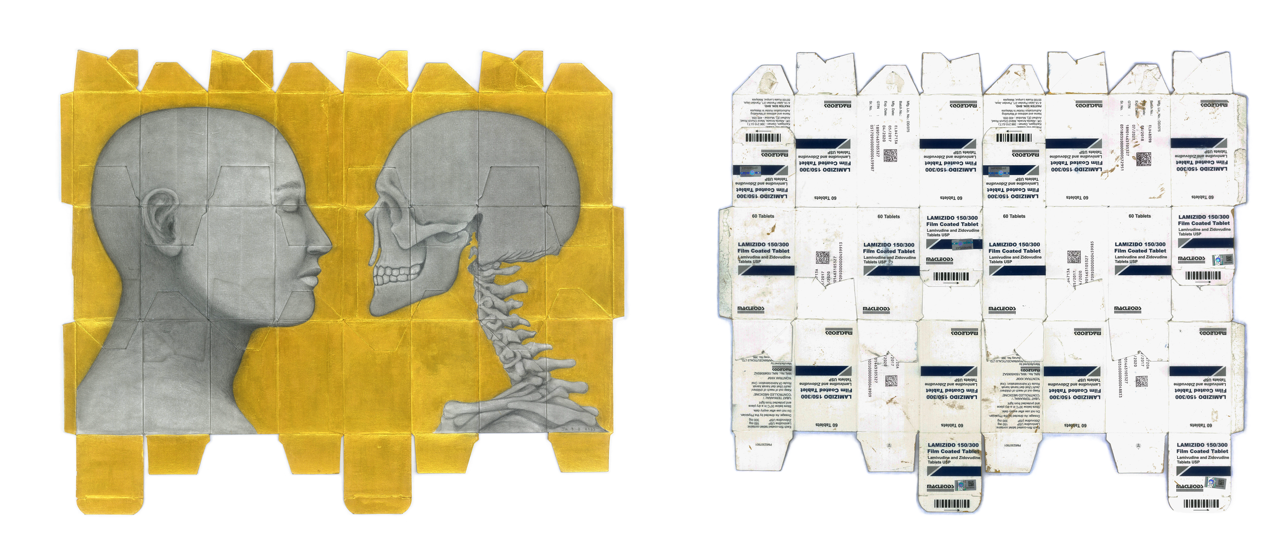 “Together” (2020) | Graphite and acrylic on HIV medication packaging | 40cm x 35cm | Private collection
