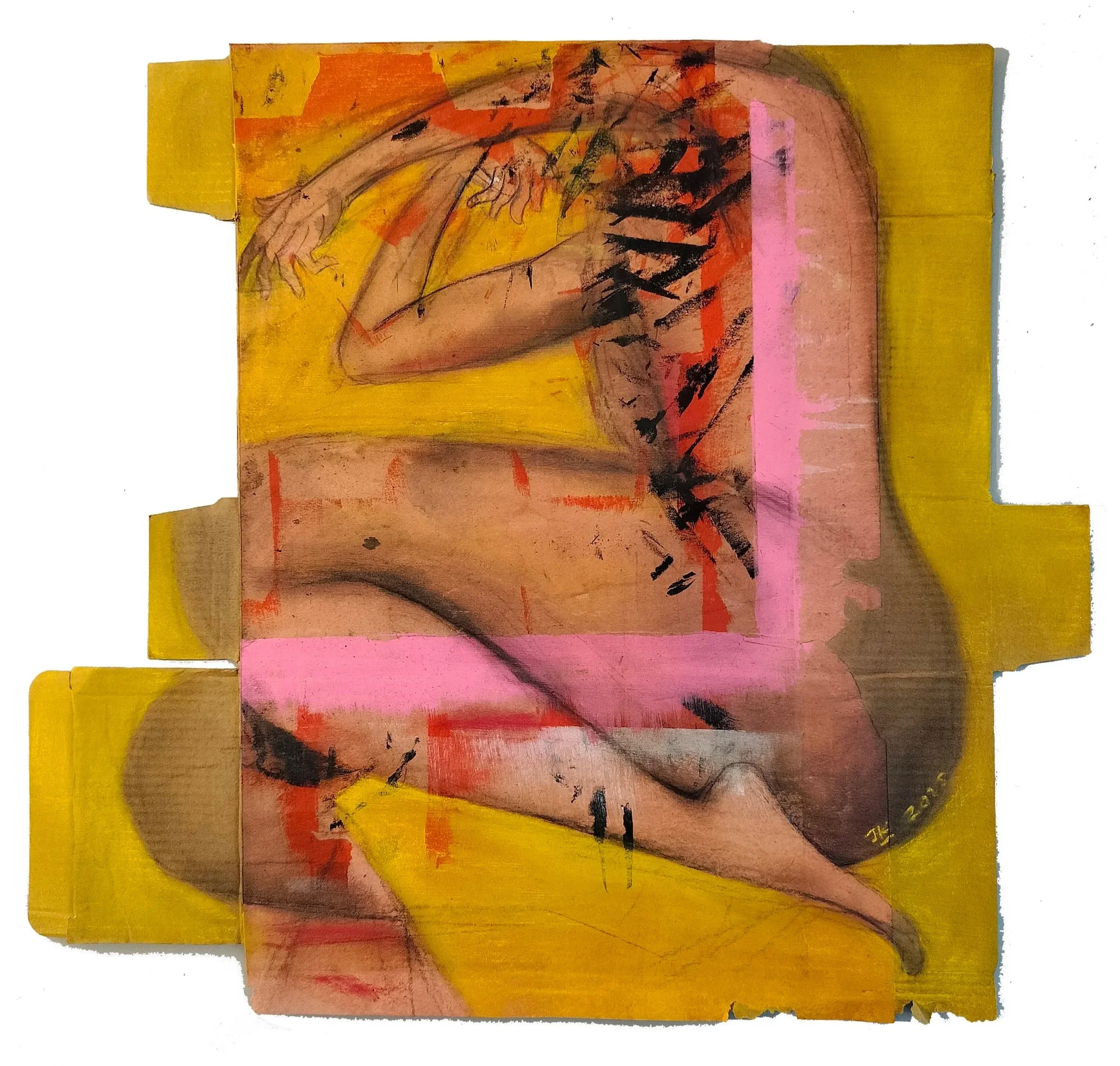 "Pink and Yellow" (2025) | Graphite, pastel and acrylic on sugar paper and cardboard box | 44cm x 48cm