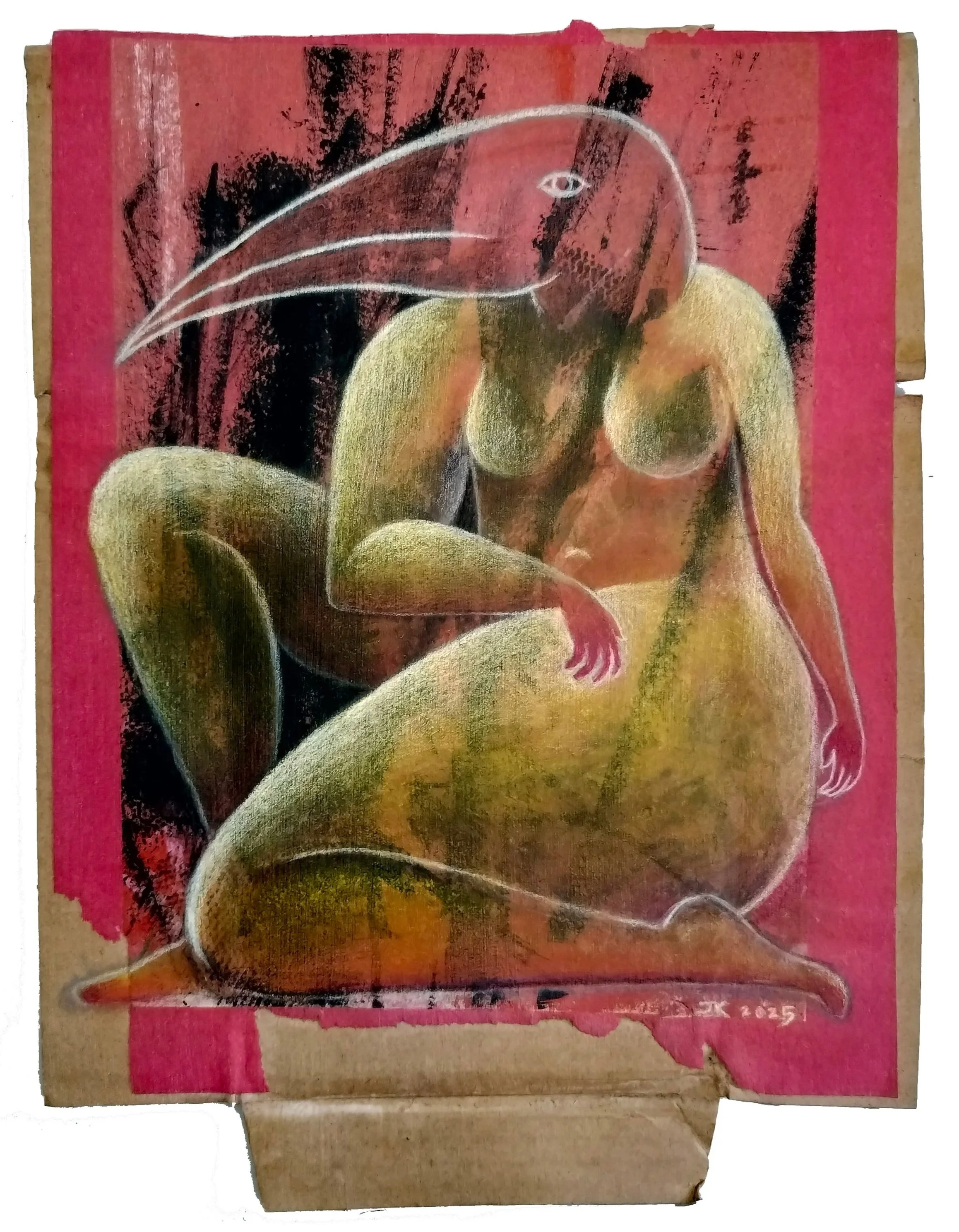 "Ladybird" (2025) | Coloured pencil, pastel and acrylic on sugar paper and used cardboard | 32.5cm x 24cm