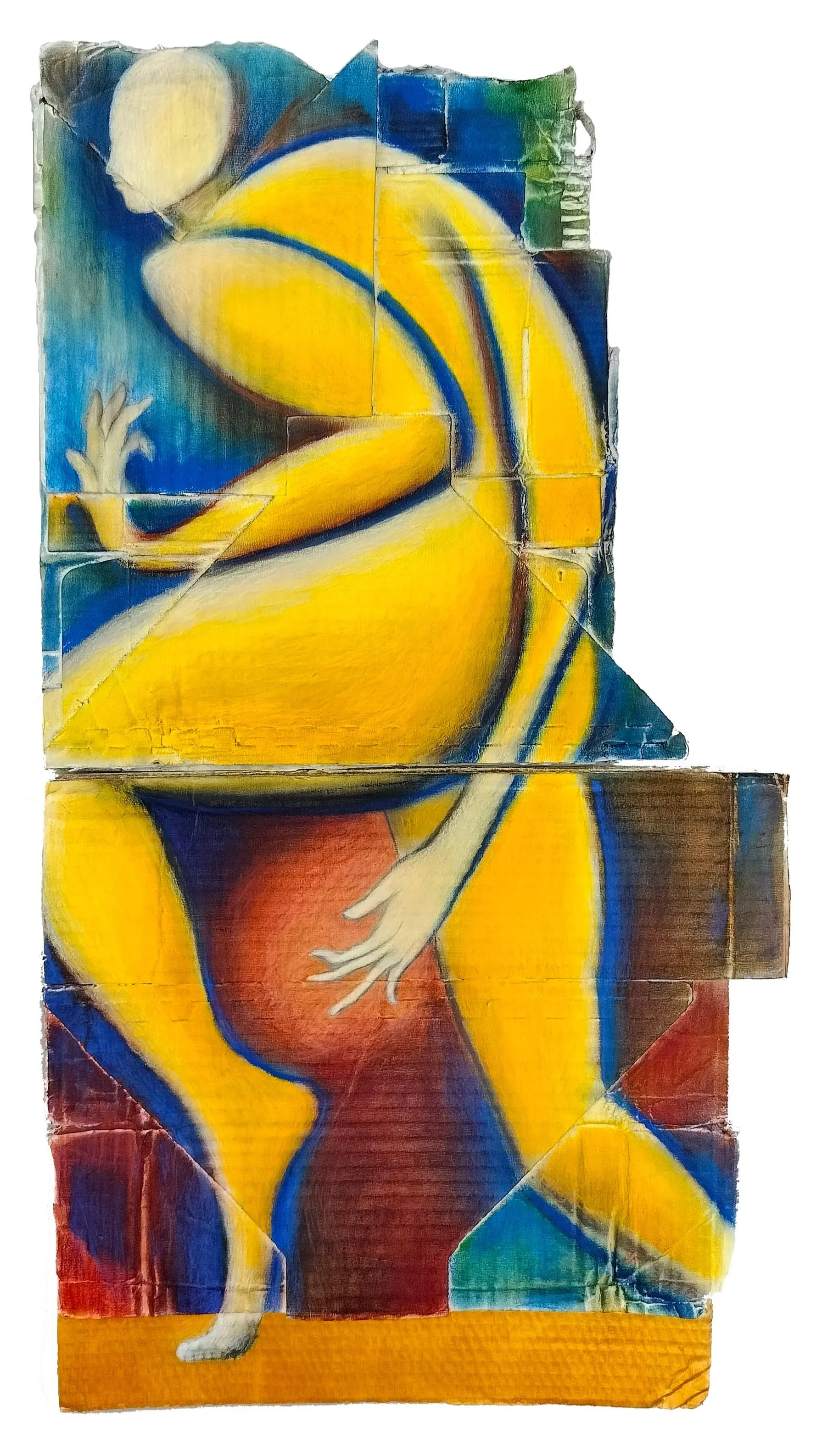 "A Bluer Yellow, A Greener Pink" (2025) | Pastel, coloured pencil and white gesso on used cardboard | 35cm x 66cm