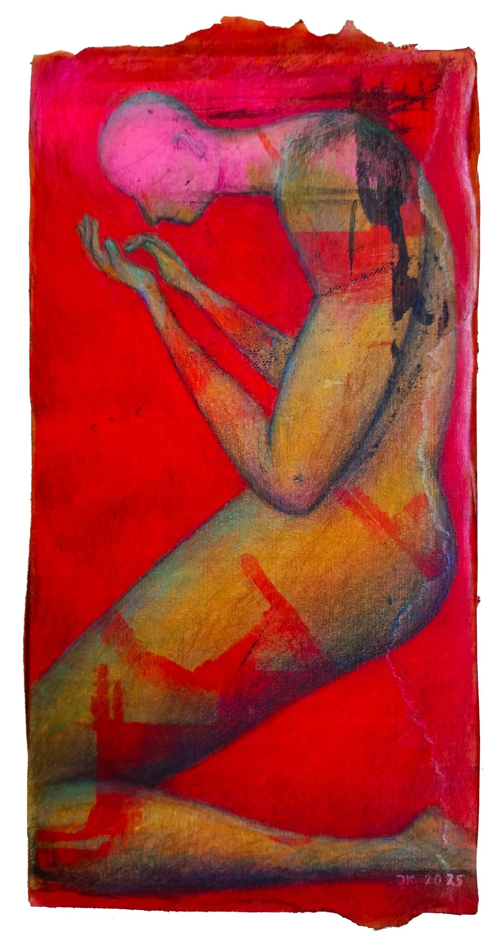 "Lost In The Crimson" (2025) | Graphite, pastel, coloured pencil and acrylic on sugar paper and used cardboard | 38cm x 19cm