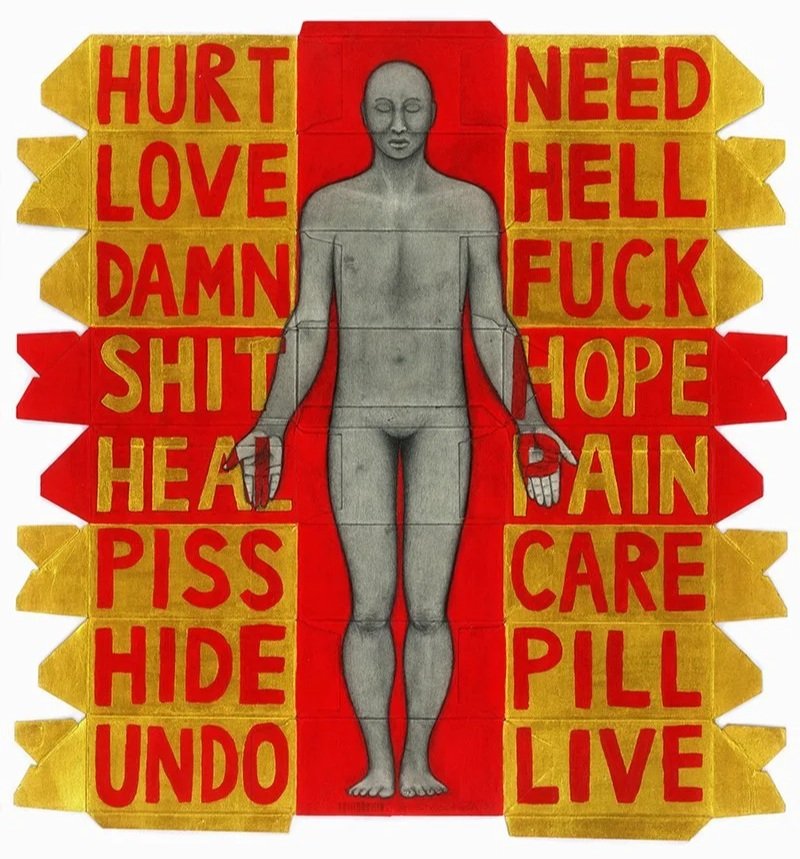 “Everything is…”  (2019)
Graphite and acrylic on HIV medication packaging
42cm x 39cm