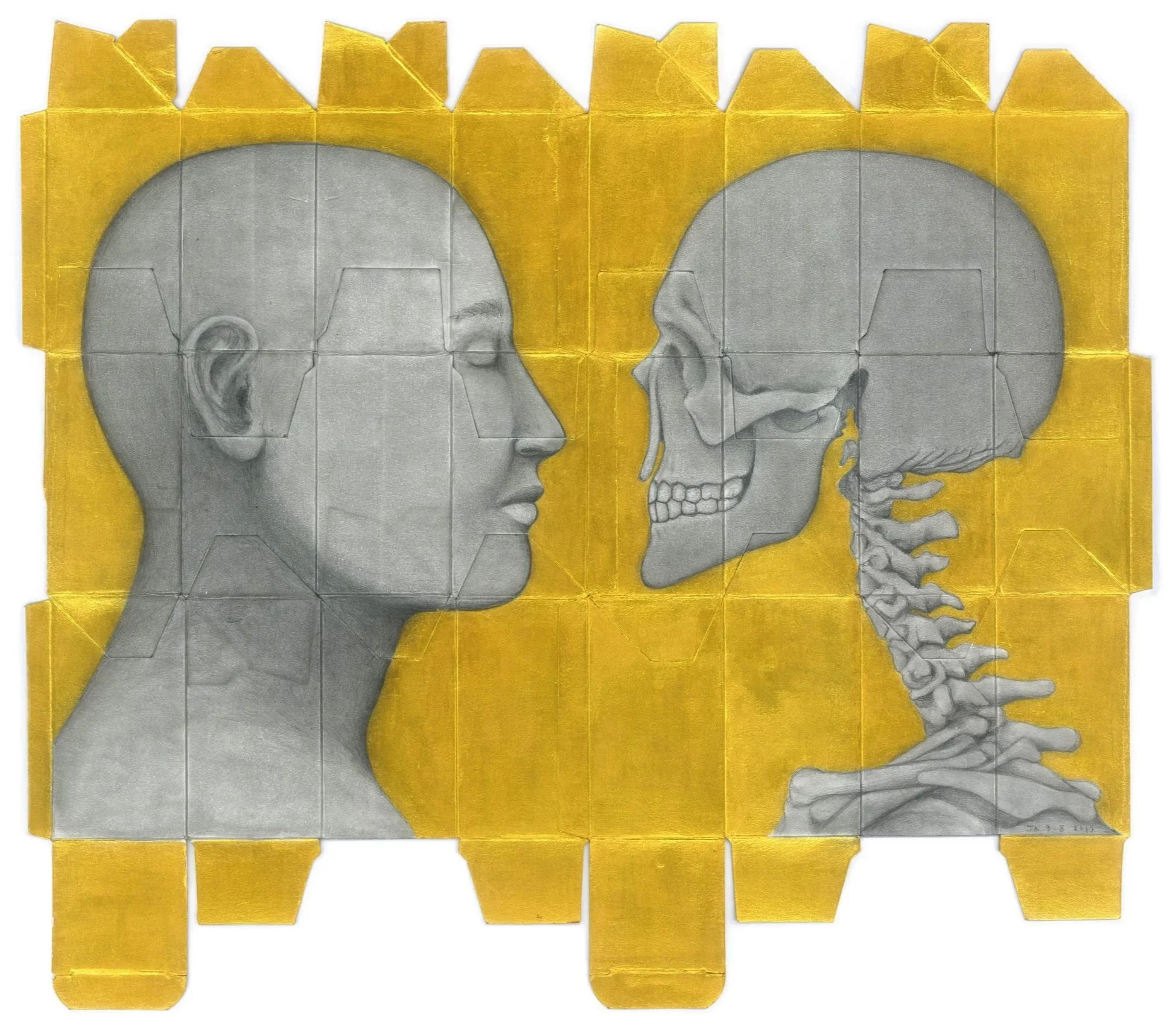 “Together/Flesh & Bone” (2020)
Graphite and acrylic on HIV medication packaging
35cm x 40cm
