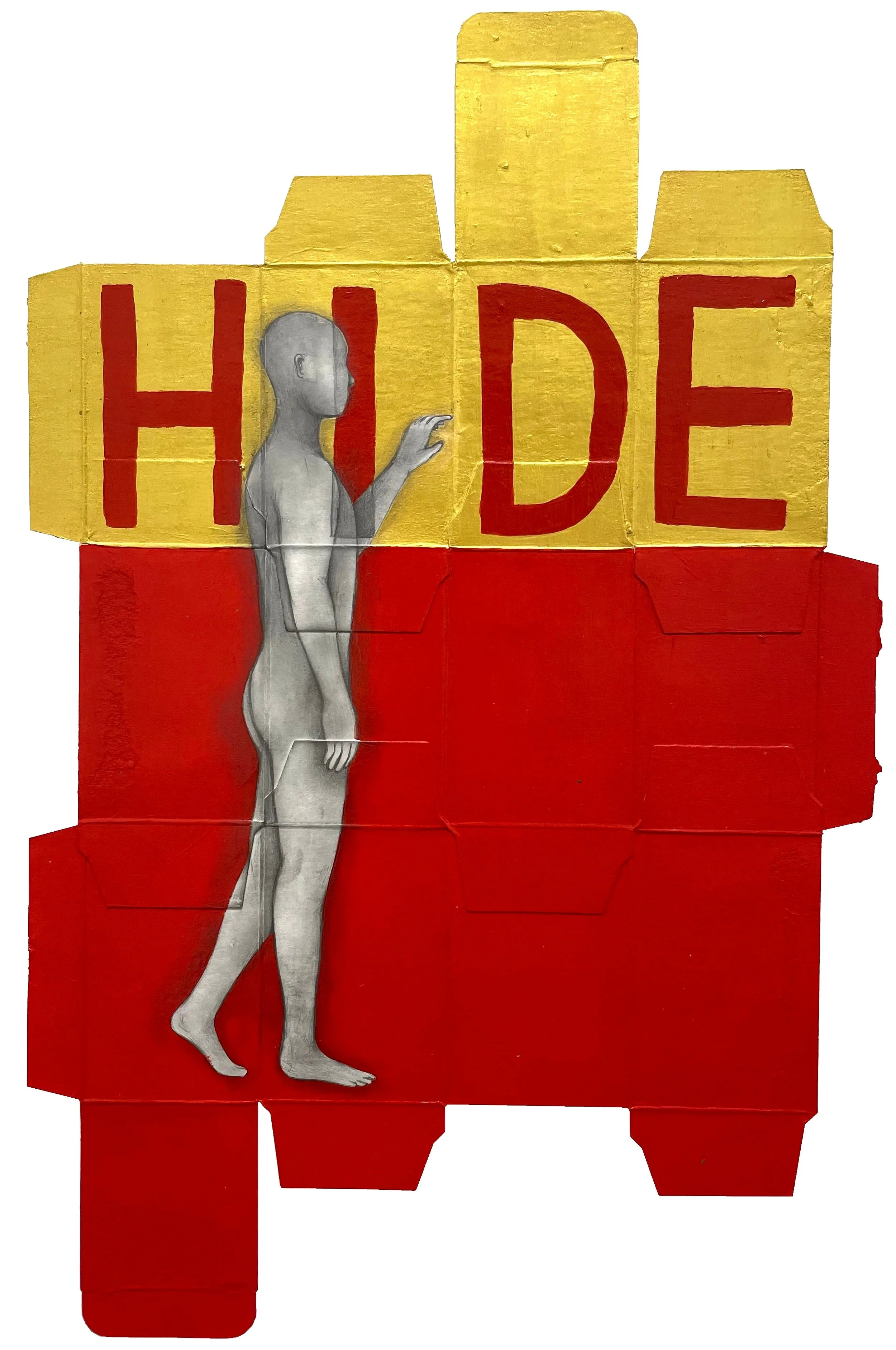 “Hide” (2020)
Graphite and acrylic on HIV medication packaging
34cm x 21cm