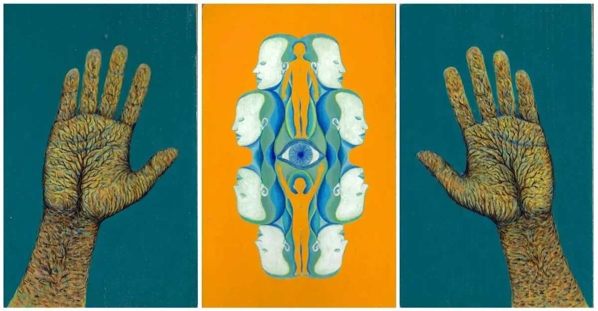“Triptych: The Sign” (2019)
Acrylic on wooden chopping board
30cm x 57 cm 