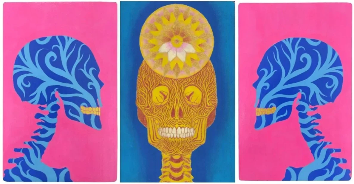 “Triptych: The Gilded” (2019)
Acrylic on wooden chopping board
30cm x 57 cm