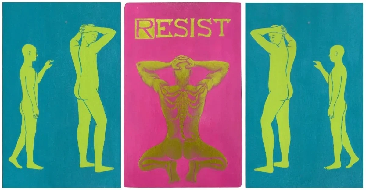 “Triptych: The Resistance” (2020)
Acrylic on wooden chopping board 
30cm x 57 cm 