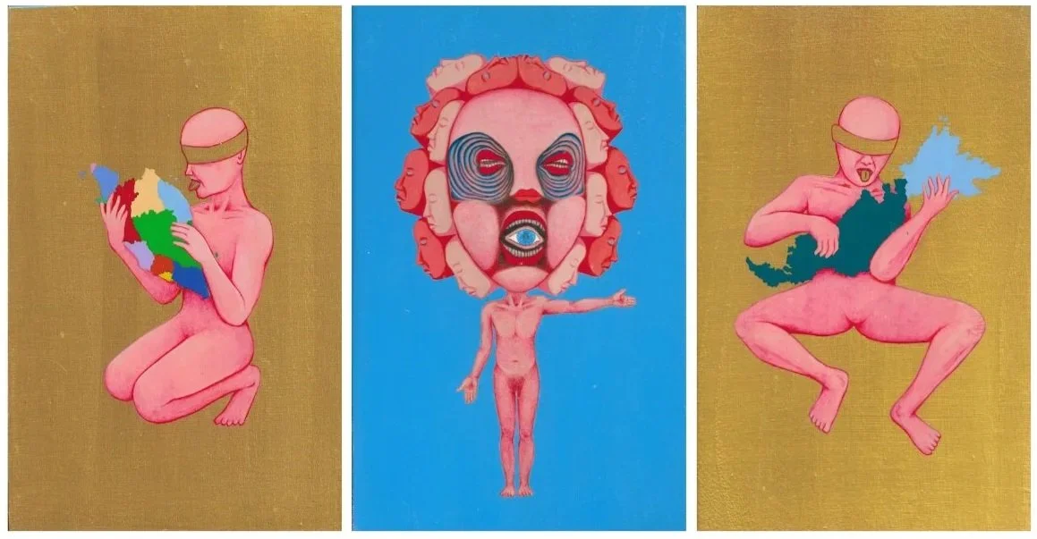 “Triptych: The Scream” (2020) 
Acrylic on wooden chopping board 
30cm x 57 cm 
