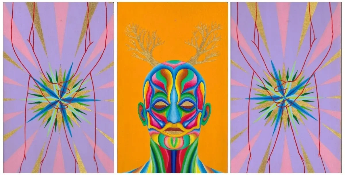 “Triptych: The Naked” (2020) 
Acrylic on wooden chopping board
30cm x 57 cm 